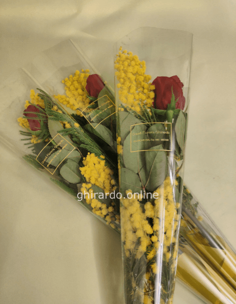 Rosa rossa in cono con mimosa